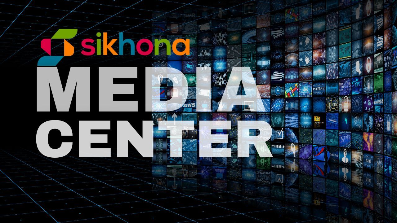 Sikhona Media Center with the logo visible, featuring a wall of small TV screens in the background.
