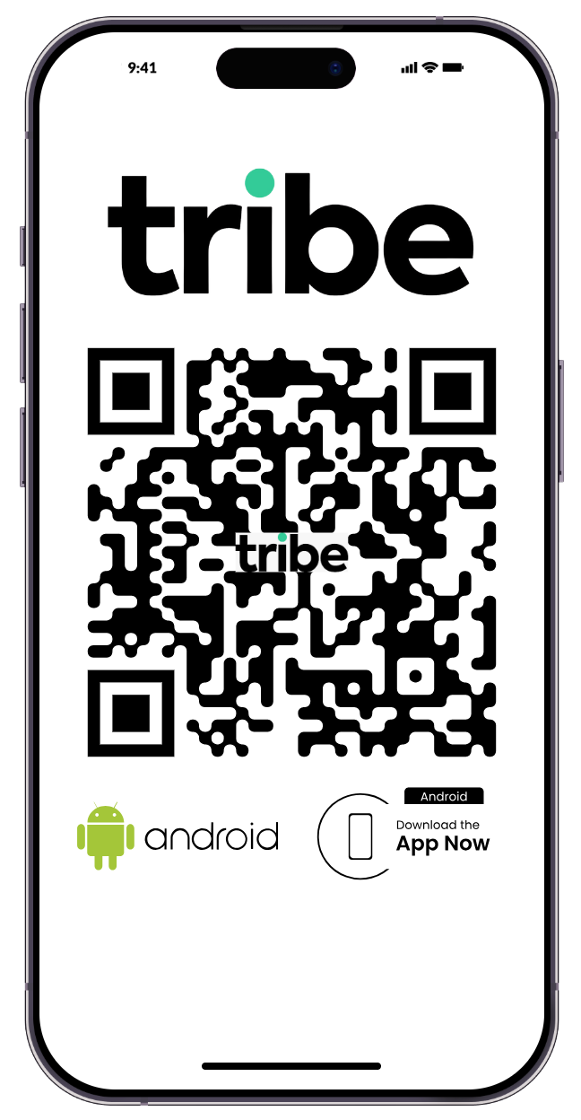 Cellphone mockup displaying the Tribe QR for app interface on screen.