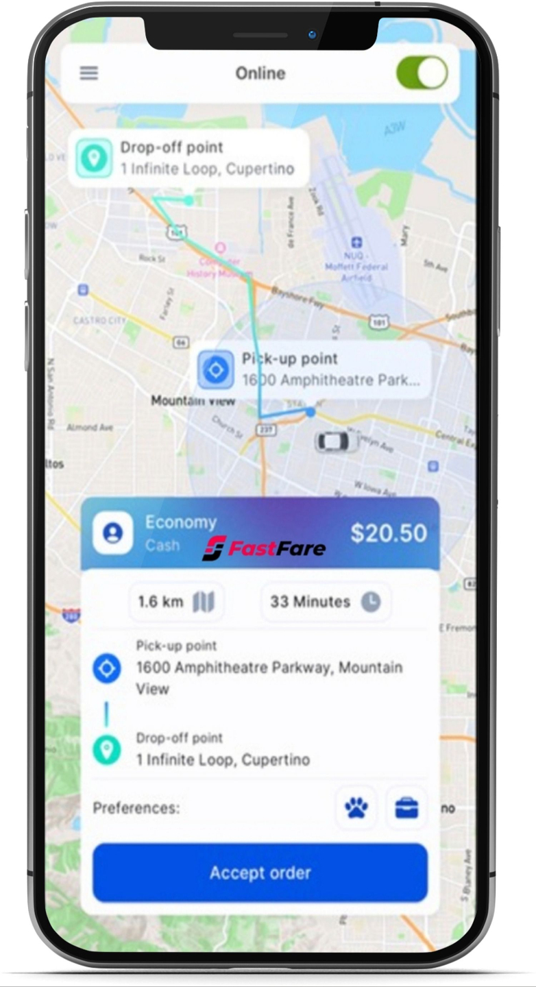 Cellphone mockup showing the FastFare app interface on screen.