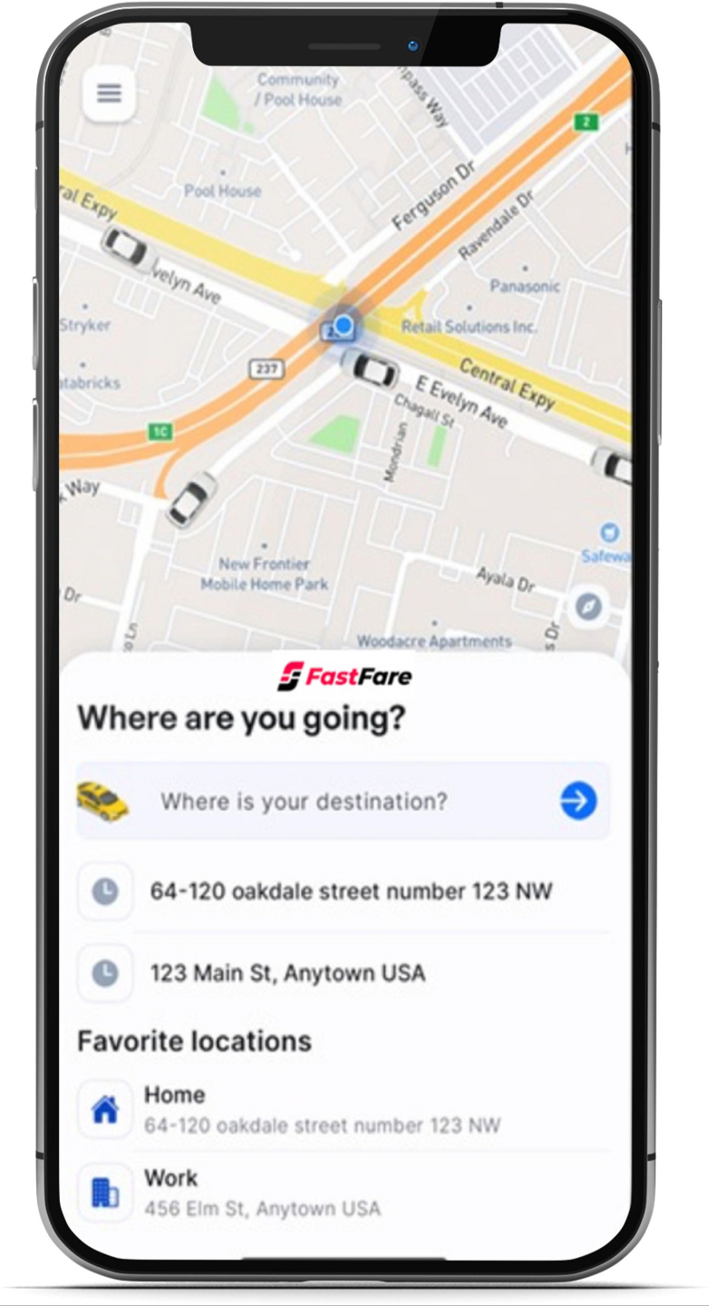 Cellphone mockup showing the FastFare app interface on screen.