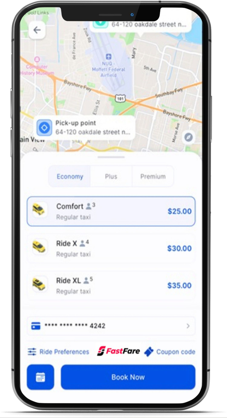 Cellphone mockup showing the FastFare app interface on screen.