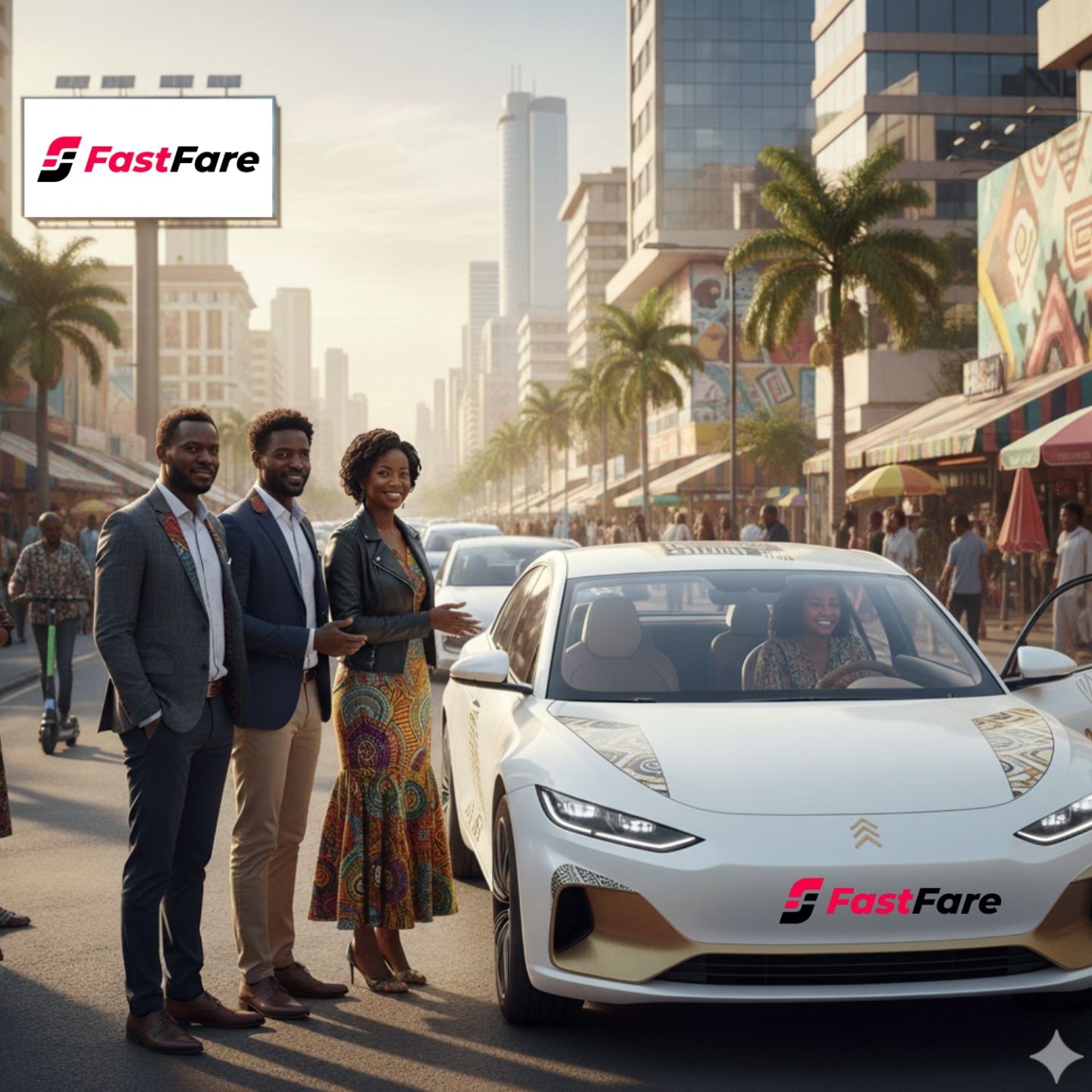 A car with the FastFare logo parked on the street, with three people standing nearby.