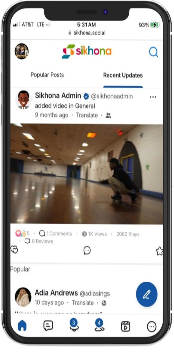 Cellphone mockup displaying the Sikhona Social app interface on screen.