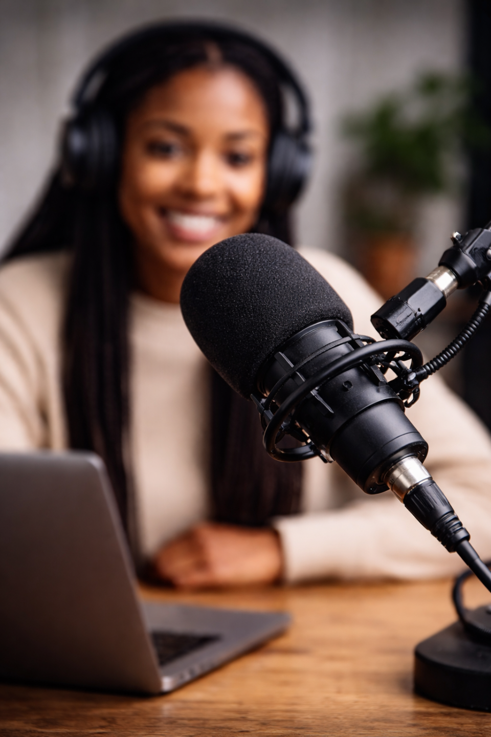 Woman speaking into a professional microphone while wearing headphones, seated at a desk during a podcast recording session.