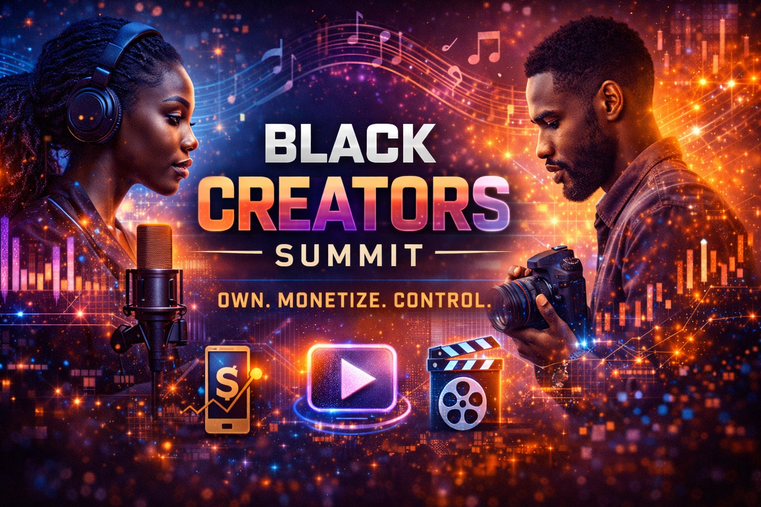 Creators and attendees engaging in panels or networking at the Black Creators Summit, with event setup visible.