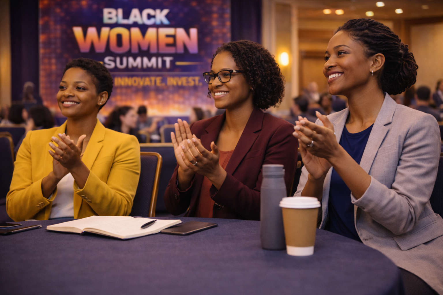 Three women clapping during a session at the Black Women Summit event.