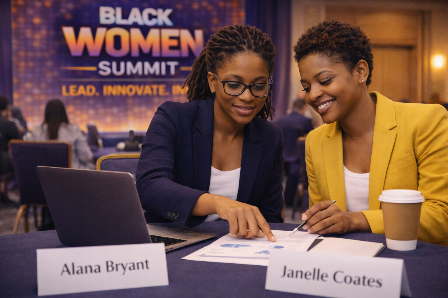 Two women attending the Black Women Summit with the quote “Lead. Innovate. Invest.” displayed on the screen or backdrop behind them.