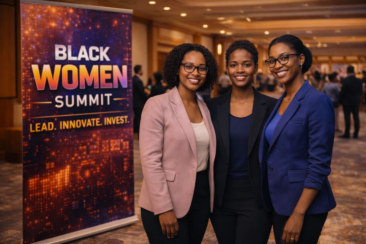 Three women attending the Black Women Summit with the quote “Lead. Innovate. Invest.”  backdrop behind them.