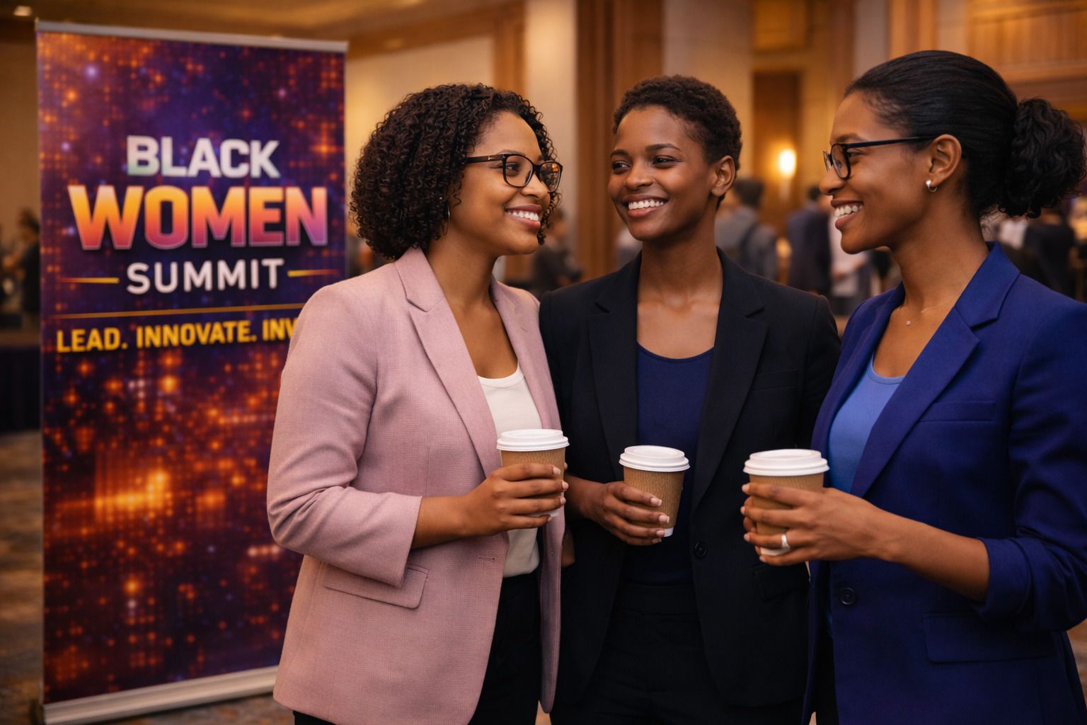 Three women attending the Black Women Summit with the quote “Lead. Innovate. Invest.” displayed on the screen or backdrop behind them.