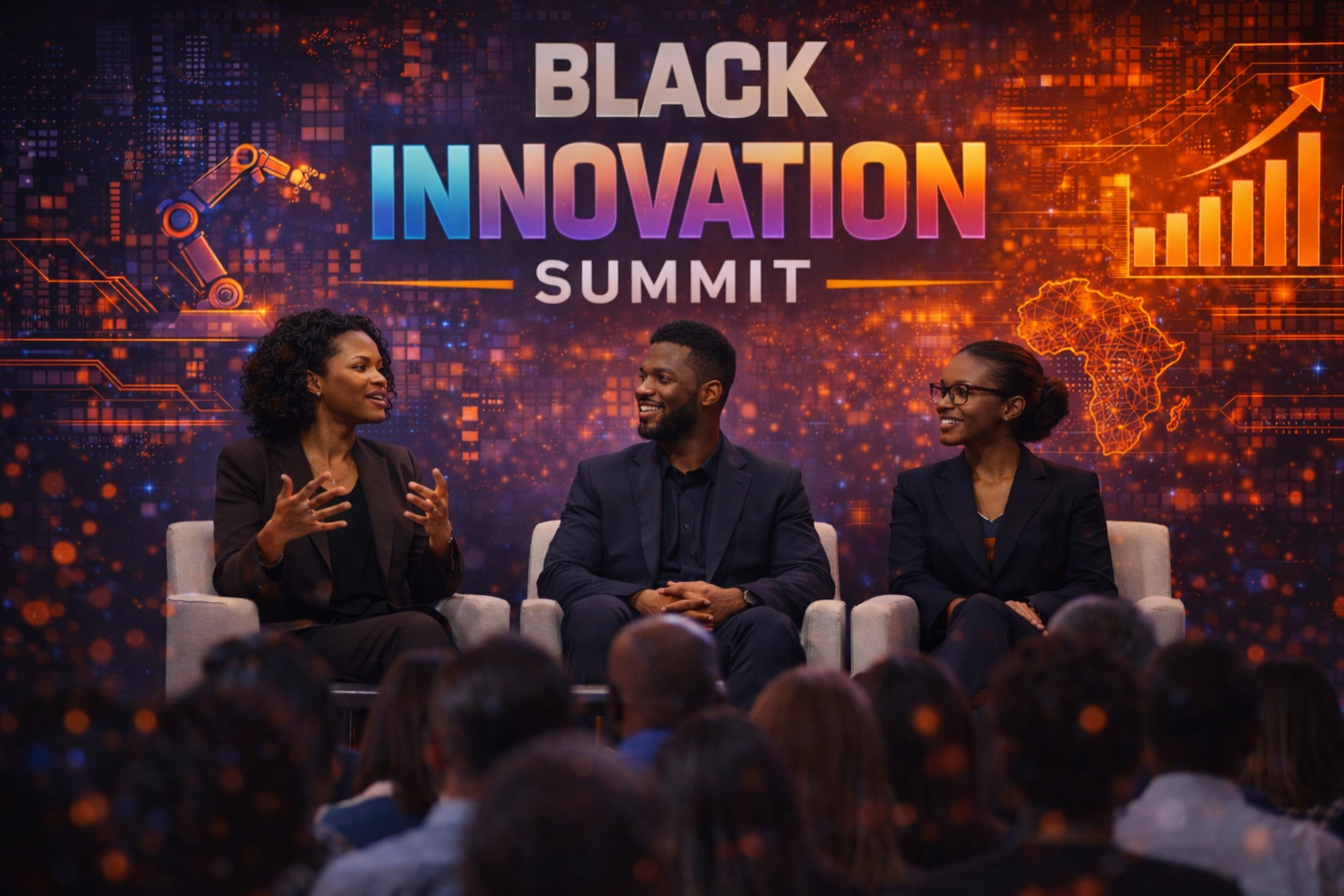 Three people attending the Black Innovation Summit, engaged in the event with the summit branding visible in the background.
