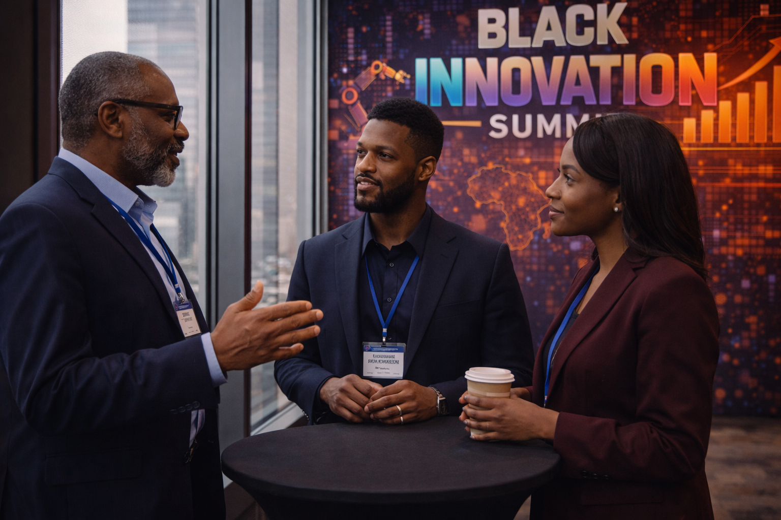 Three people participating in the Black Innovation Summit, with the event setup and branding in view