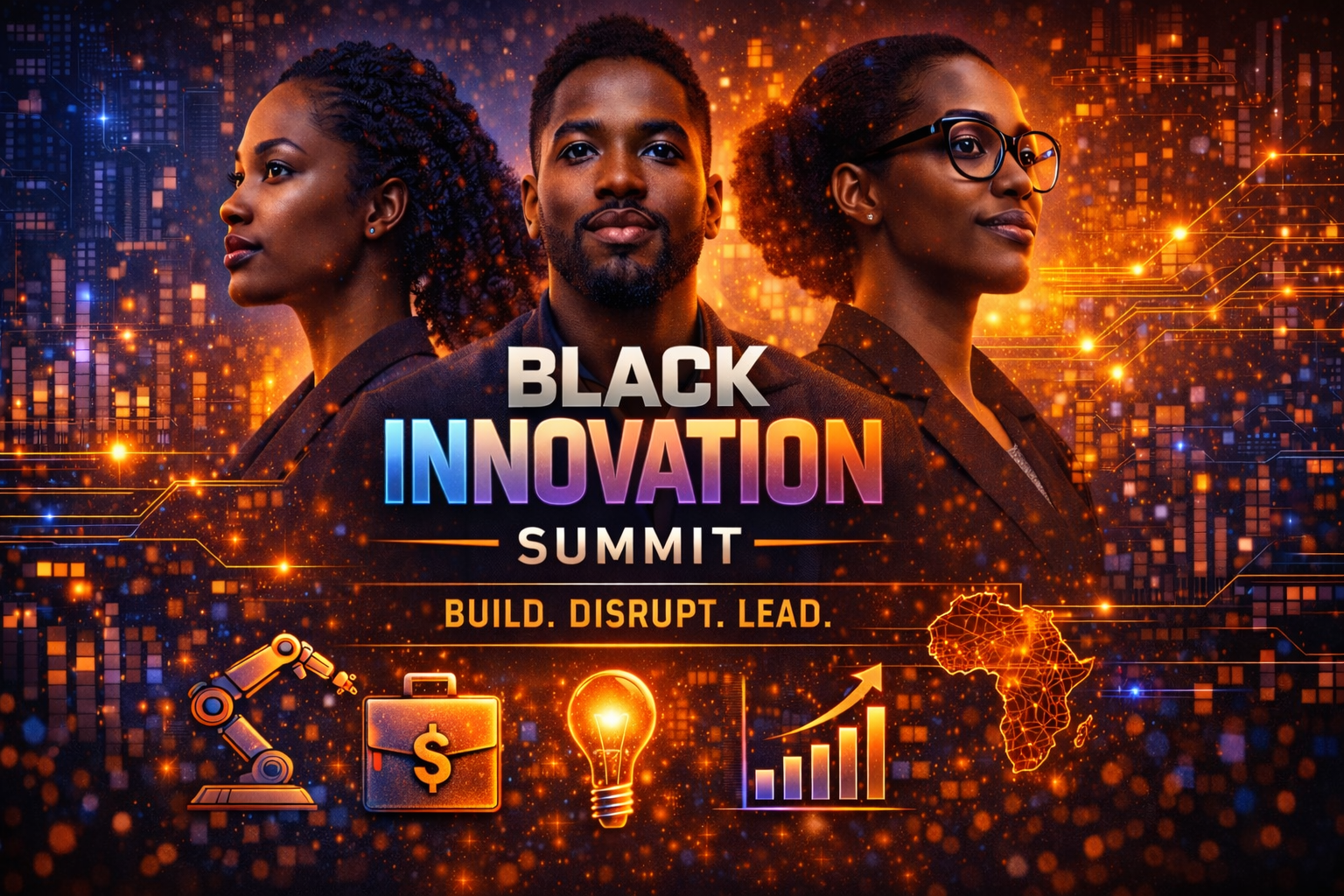 Three people attending the Black Innovation Summit, engaged in the event with the summit branding visible in the background.
