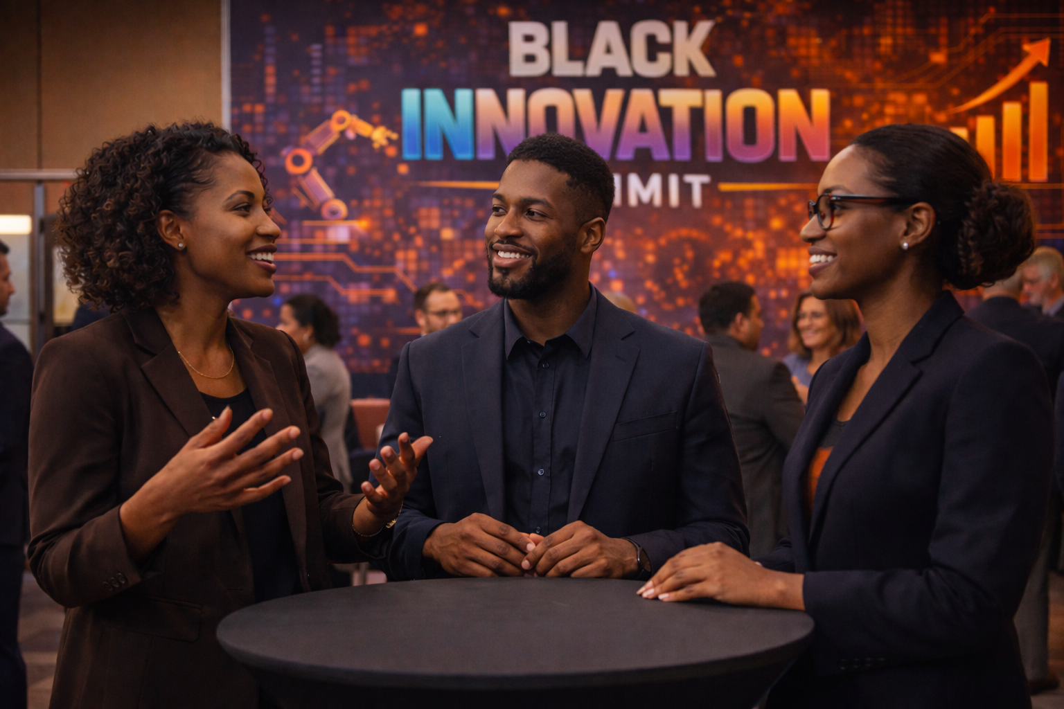 Three people participating in the Black Innovation Summit, with the event setup and branding in view.