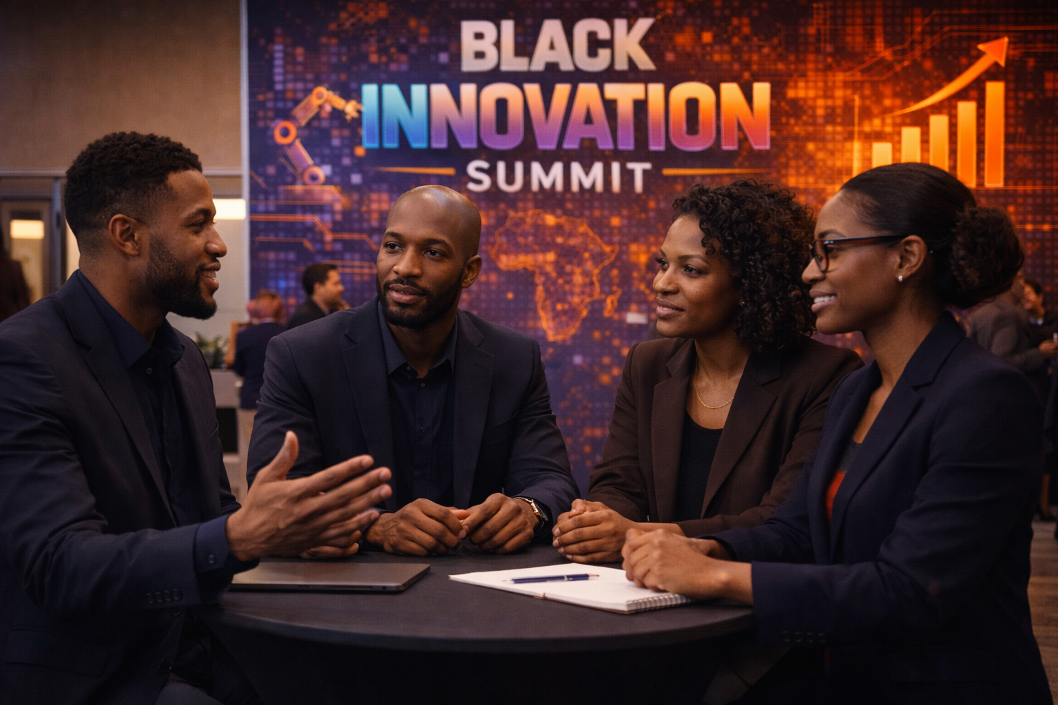 People attending the Black Innovation Summit, engaged in the event with the summit branding visible in the background.